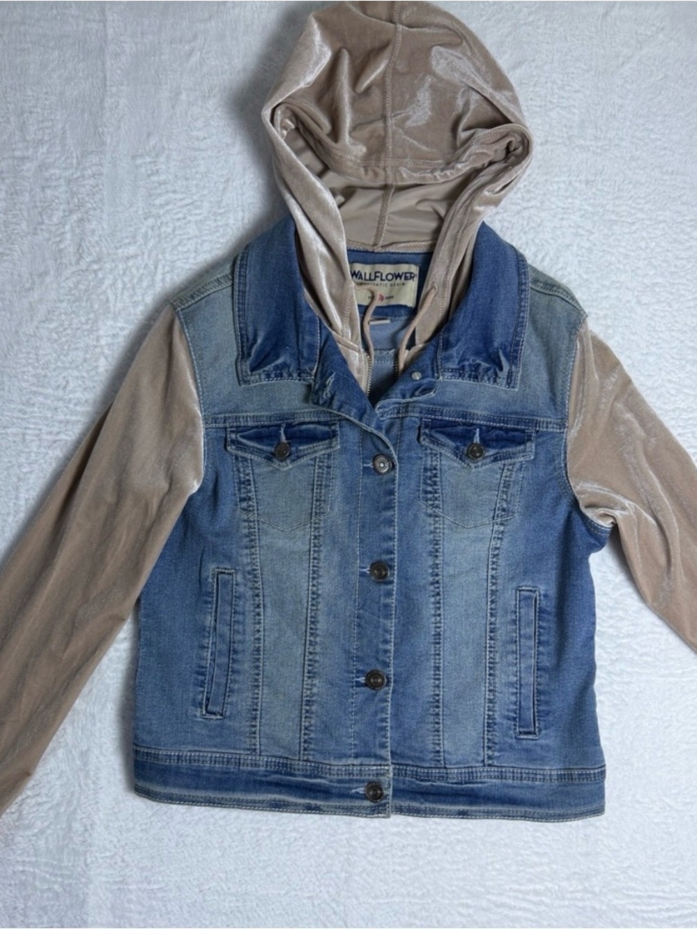 Wallflower Blue Denim Jacket with Beige Hood and Sleeves size Large